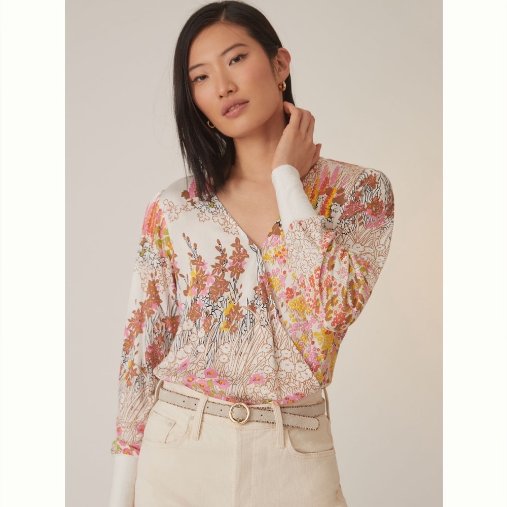 Anthropologie White Floral Print V-Neck Blouse with Pink and Yellow Accents